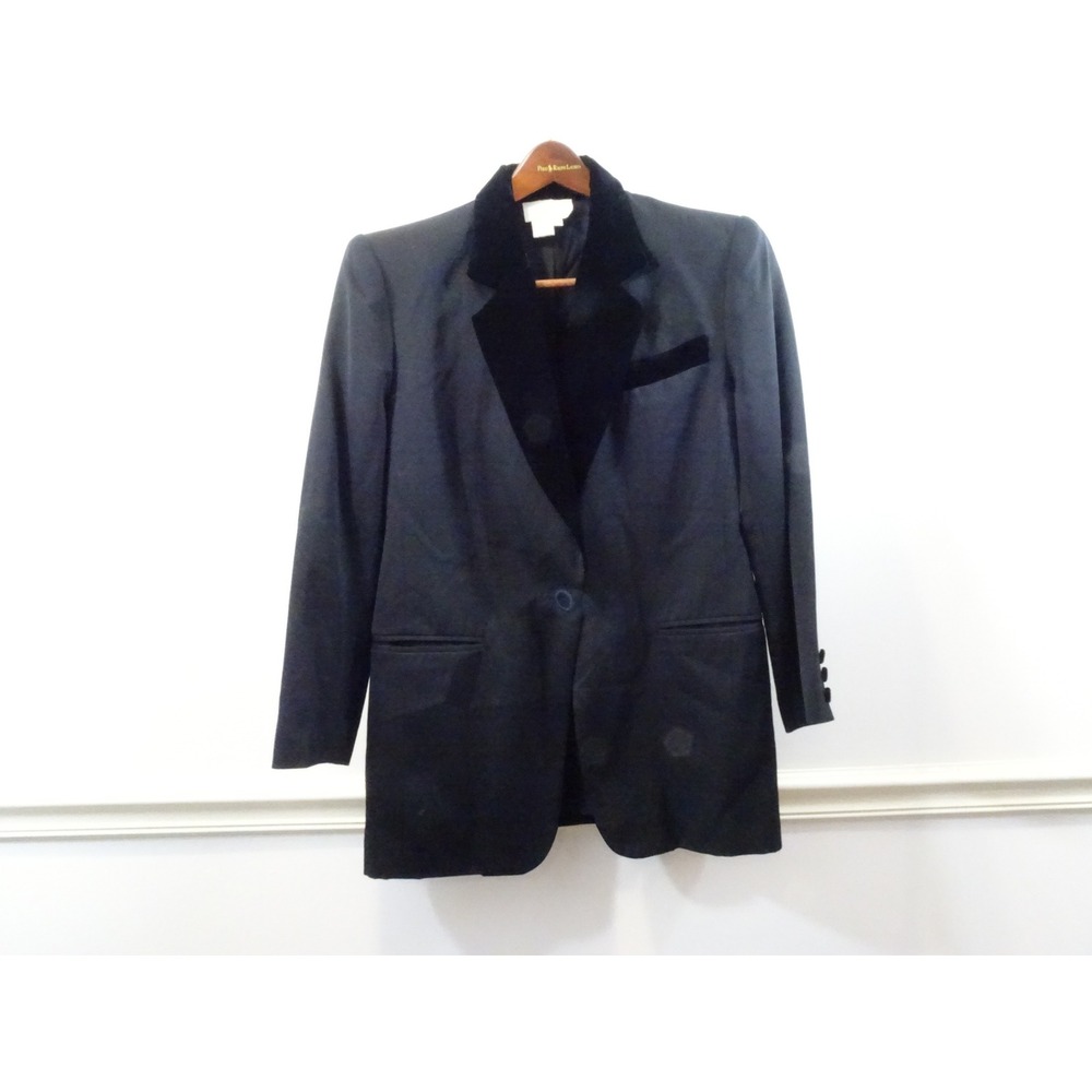Vintage Cache Black Velvet Trim Tuxedo Blazer Jacket Womens Medium Rayon 80s 90s